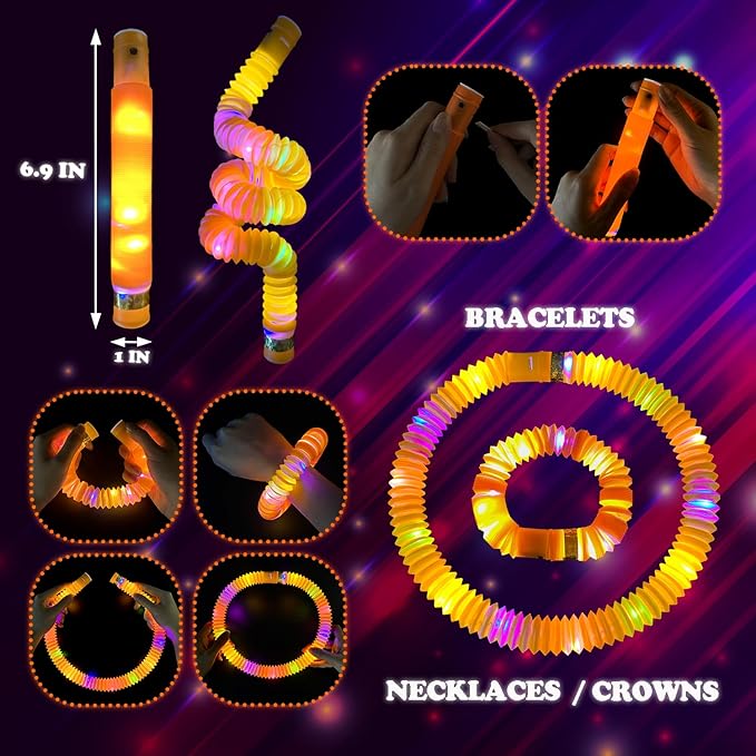 12-24 PCS Orange Glow Sticks Pop Tubes for kids,Light Up Glow Necklaces Bracelets Party Favors Gifts Accessories for Toddlers, Glow New Year Eve Birthday Camping Party Decorations for Boys Girls