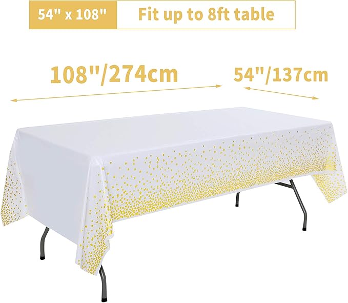 White and Gold Tablecloths for Party 2 Packs, 54x108 inch Gold Dot Confetti Disposable Rectangular Plastic Table Cover for Bridal Shower Engagement Wedding Birthday BBQ Party New Year Eve 2026