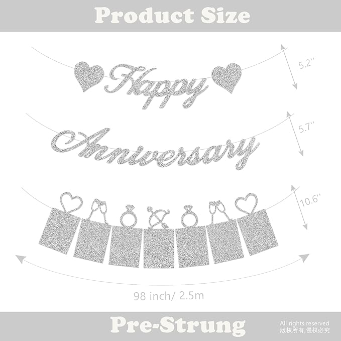 Happy Anniversary Party Decorations - Silver Anniversary Banner and Photo Banner for Wedding Party Decor