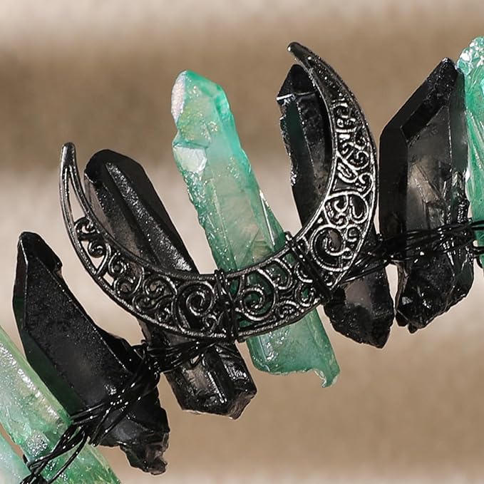 Witch Crystal Headband Crown for Women - Medieval Green Black Quartz Tiara with Moon, Fairy Elf Circlet Viking Celtic Headpiece for Renaissance Cosplay Halloween Headwear