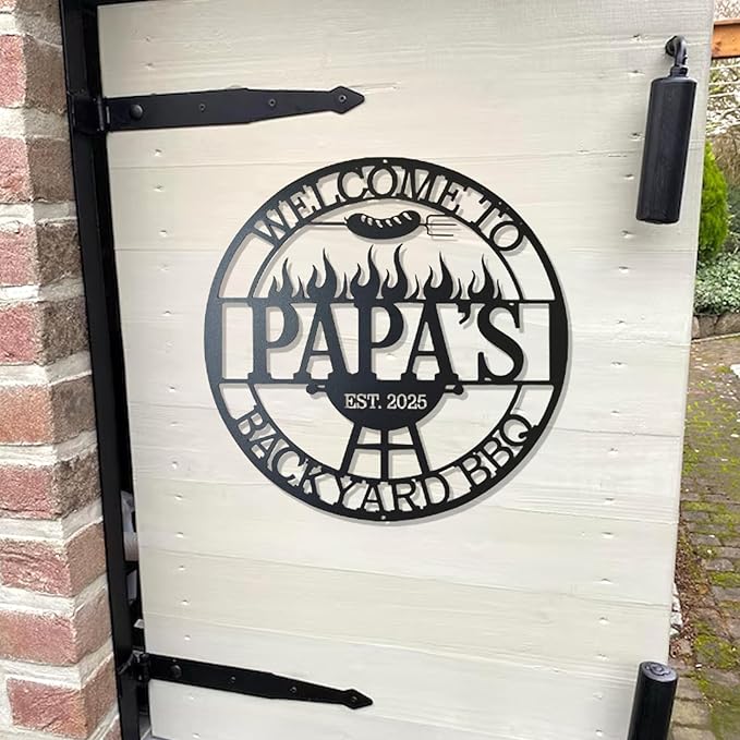 Custom BBQ Grill Metal Sign - Personalized Backyard Bar Name Sign - Outdoor Kitchen Wall Art - Unique Housewarming Gift for Dad, Grandpa, Husband, Pop