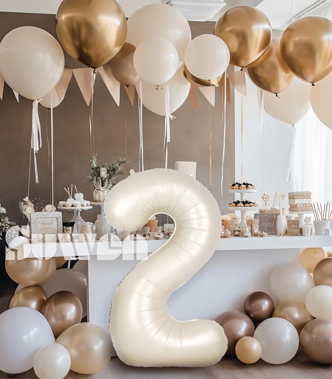 SUWEN 40 Inch Cream White Large 2 Number Balloons Big Foil Helium Number Balloons 0-9 Jumbo Happy 2nd Mylar Birthday Party Decorations for Boy or Girl Anniversary Party Supplies