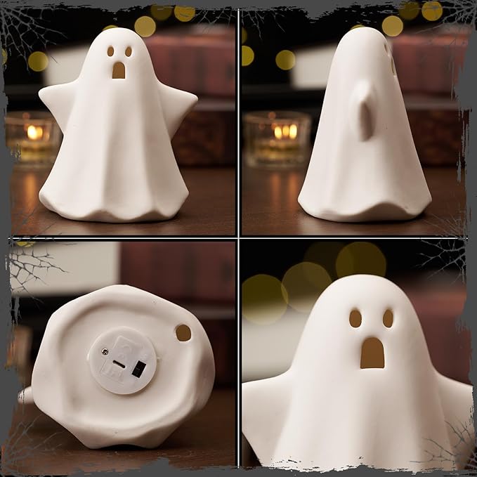 Light Up Ghost Halloween Decor, 5" Cute Halloween Decorations Indoor, 3PCS LED Ceramic Ghost for Halloween Table, Desk, Tray, Shelf, Bedroom Decor, White Spooky Decorative Ghosts Figurines