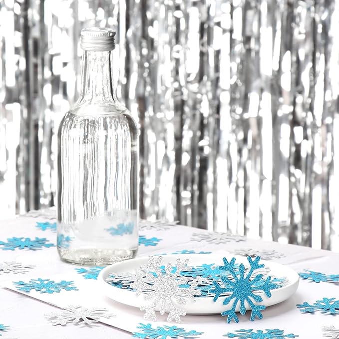 Snowflake Teal Silver Party-Decorations Frozen Confetti - 100pcs Glitter Paper decor Teal Blue Silver Christmas Table Confetti,Winter Wonderland Birthday Party Supplies New Year Decor Lasting Surprise