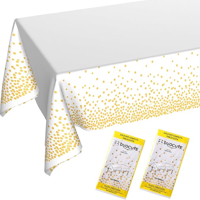 White and Gold Tablecloths for Party 2 Packs, 54x108 inch Gold Dot Confetti Disposable Rectangular Plastic Table Cover for Bridal Shower Engagement Wedding Birthday BBQ Party New Year Eve 2026