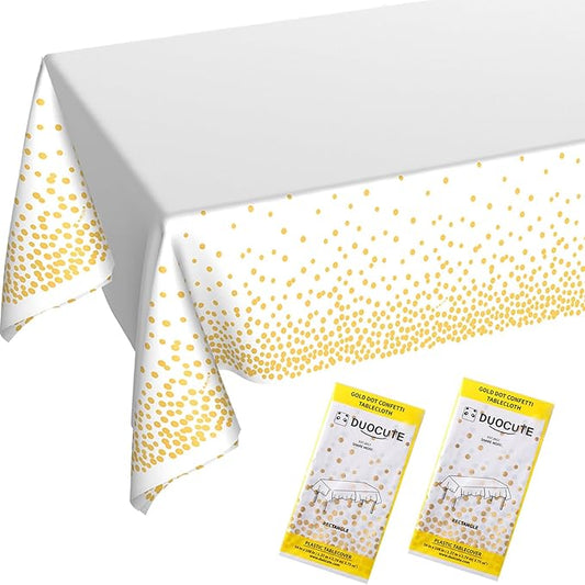 White and Gold Tablecloths for Party 2 Packs, 54x108 inch Gold Dot Confetti Disposable Rectangular Plastic Table Cover for Bridal Shower Engagement Wedding Birthday BBQ Party New Year Eve 2026