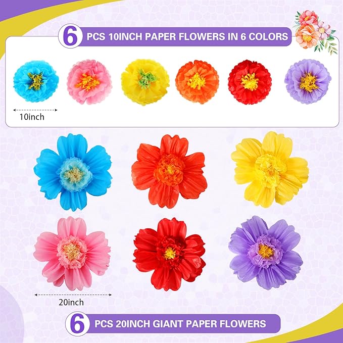 Crowye 12 Pcs Large Colorful Tissue Paper Flowers 20" Handcrafted Giant Fiesta Paper Flowers for Mexican Party Wedding Birthday Backdrop Baby Shower Nursery Craft Outdoor Wall Decor (Cute Color)
