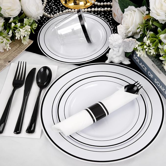 WELLIFE 210Pcs Black Plastic Dinnerware with Pre Rolled Napkins, Include:30 Dinner Plates, 30 Dessert Plates, 30 Paper Napkins, 30 Cups, 90 Plastic Cutlery