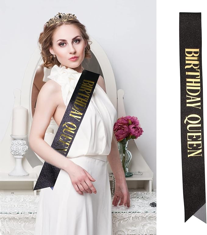 Black & Gold Party Decorations - Happy Birthday Crown Tiara Sash, Women's Party Supplies
