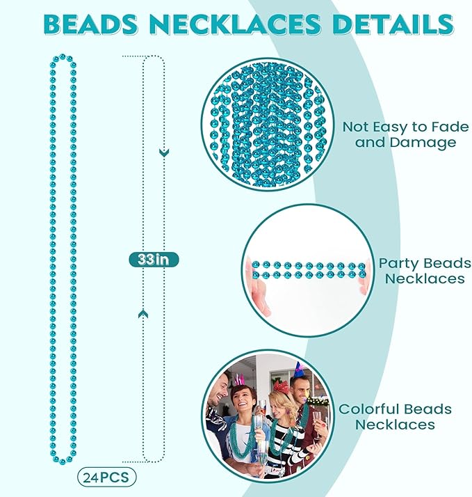 SHAOQINLIN 24 PCS Teal Bead Necklaces, 33‘’ Teal Mardi Gras Beads Necklaces Turquoise Party Beads Necklace Bulk Round Beaded Necklaces for Mardi Gras, Christmas, School Spirit Day Party Favors