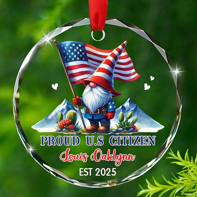 Proud U.S Citizen Gnome Christmas Ornament Decor 2025, Personalized Year & Name U.S Citizenship Xmas Ornament Gift for Grandpa Grandma Patriotic Holiday, Custom American Citizen Glass Decor Ornaments
