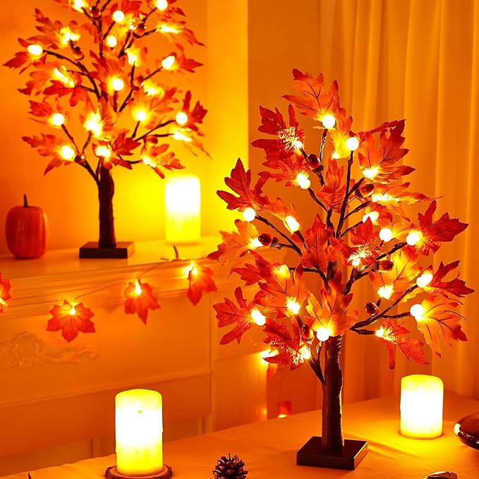 [2 Pack & Timer] 24 Inch Lighted Fall Maple Tree for Fall Decorations with 48 LED Timer Battery Operated Artificial Fall Light up Trees for Home Indoor Outdoor Autumn Harvest Thanksgiving Table Decor