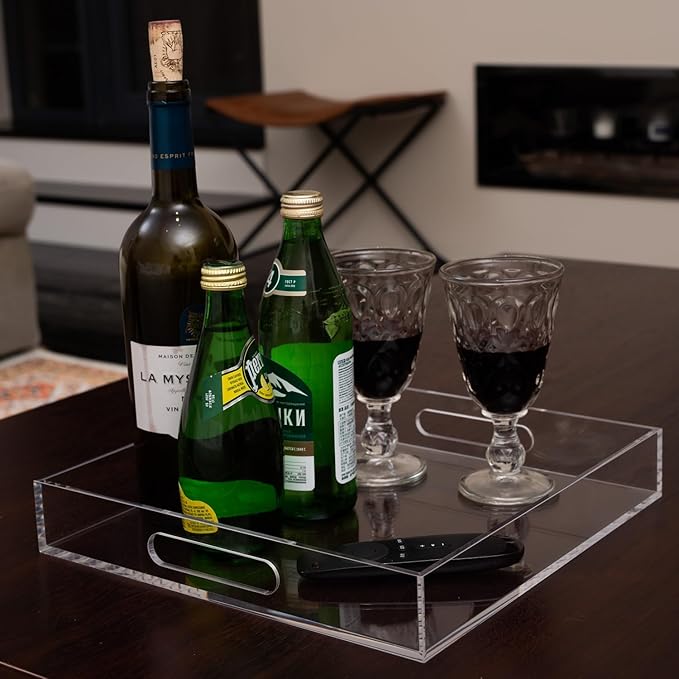 Clear Sturdy Acrylic Serving Tray with Handles 12x12x2H Inches -Spill Proof- Decorative Trays Countertop Organizer for Ottoman Coffee Table Nightstand, sidetable, Breakfast, Tea, Food