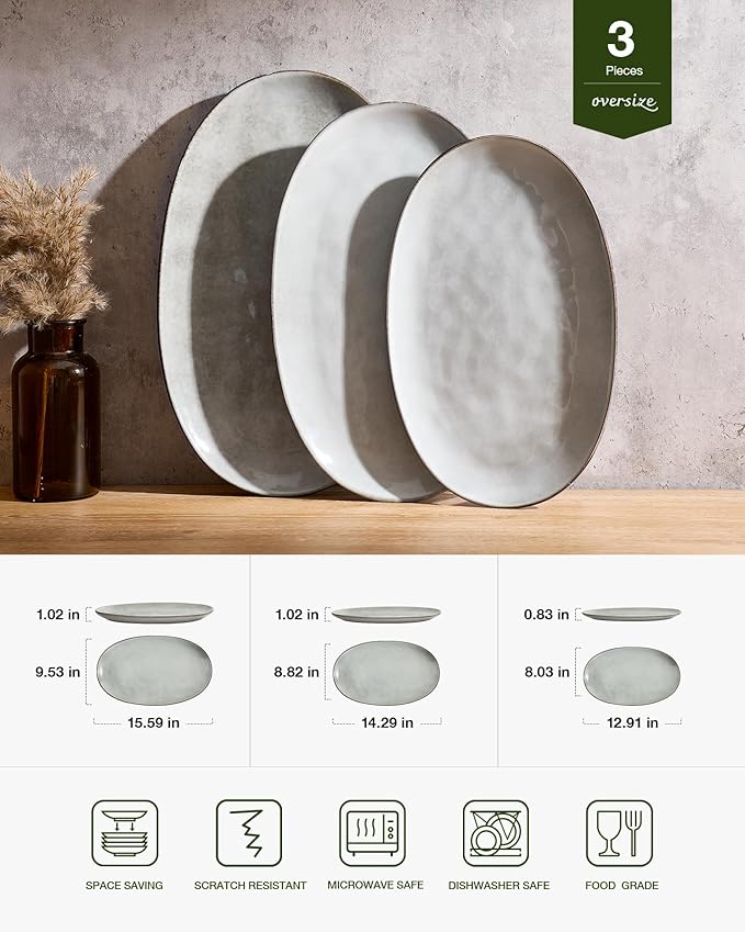 famiware Serving Platter, Oval 15.59/14.3/12.9inch Serving Dishes for Entertaining, Serving Bowls, Reactive Glaze, Stoneware Serving Trays for Party, Food, Turkey, Cheese, Ocean Series, Grey