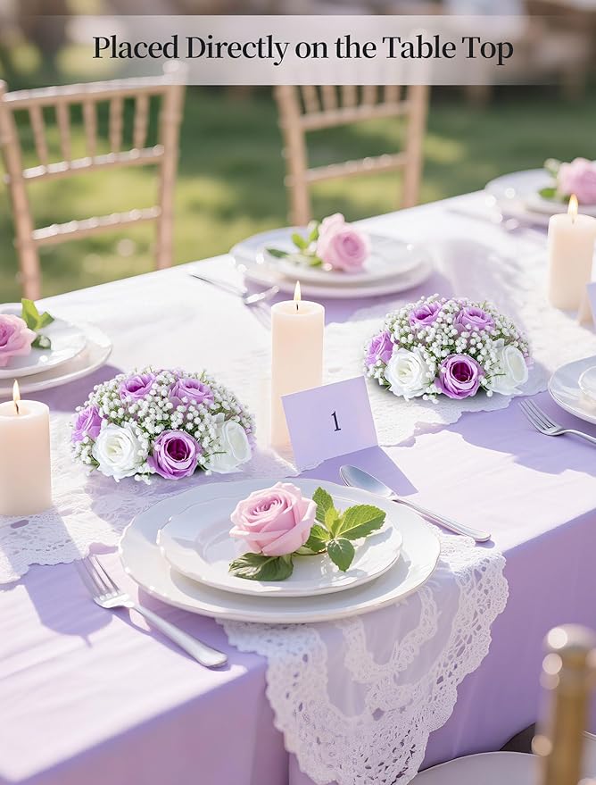BLOSMON Fake Flowers Ball Centerpieces: 2 Pcs Lilac Rose Babys Breath Artificial Flowers Decoration for Wedding Table - Faux Silk Kissing Floral Bouquet Arrangements for Home Party DIY Decor