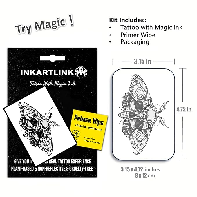 INKARTLINK Temporary Tattoo, Magical Tattoo Lasts 7-15 Days, Waterproof and Non-reflective, Exquisite Packaging, Unique Design(Skull Moth)