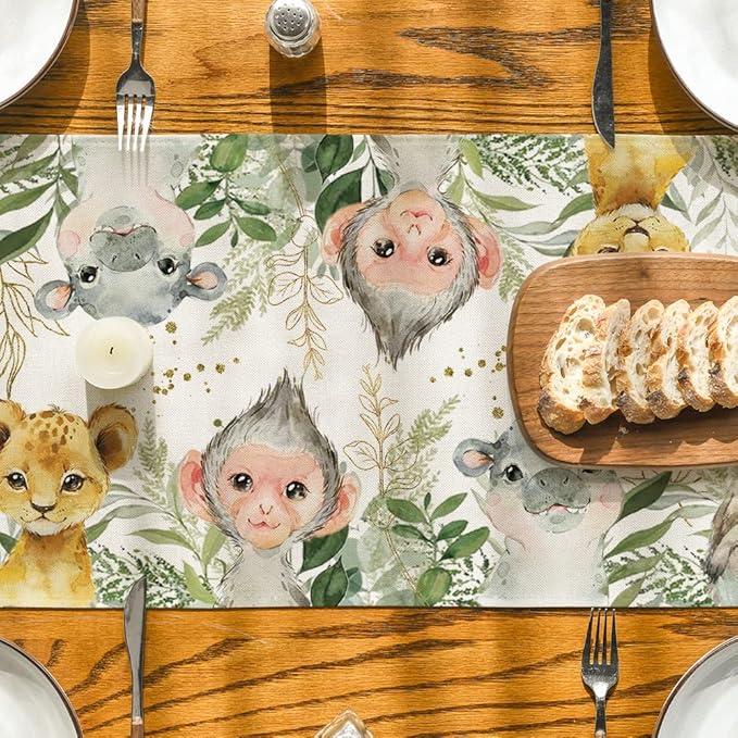 Artoid Mode Animals Elephant Giraffe Baby Shower Table Runner, Seasonal Spring Summer Kitchen Dining Table for Home Party Decor 13x120 Inch