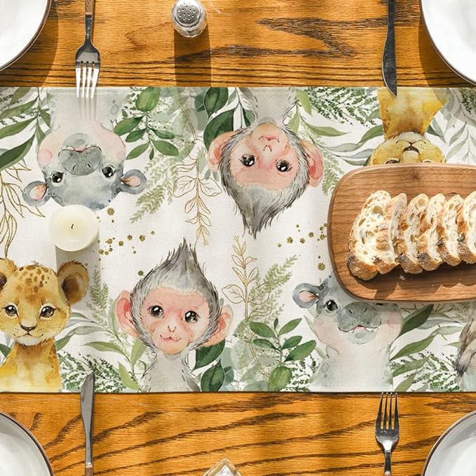 Artoid Mode Animals Elephant Giraffe BabyShower Table Runner, Seasonal Spring Summer Kitchen Dining Table for Home Party Decor 13x72 Inch