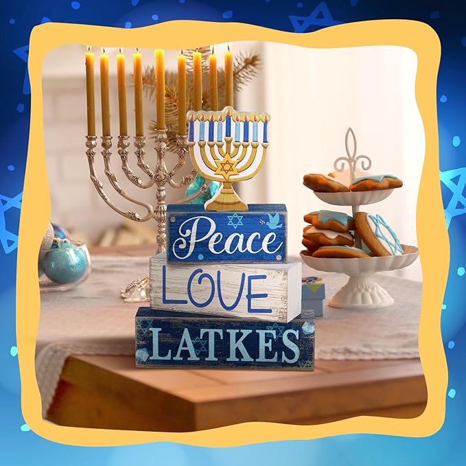 4 Pcs Hanukkah Decorations for Home Chanukah Table Decor Wooden Menorah Decoration Hanukkah Centerpiece Rustic Menorah Block Signs Jewish New Year Decoration for Home Tiered Tray Decor