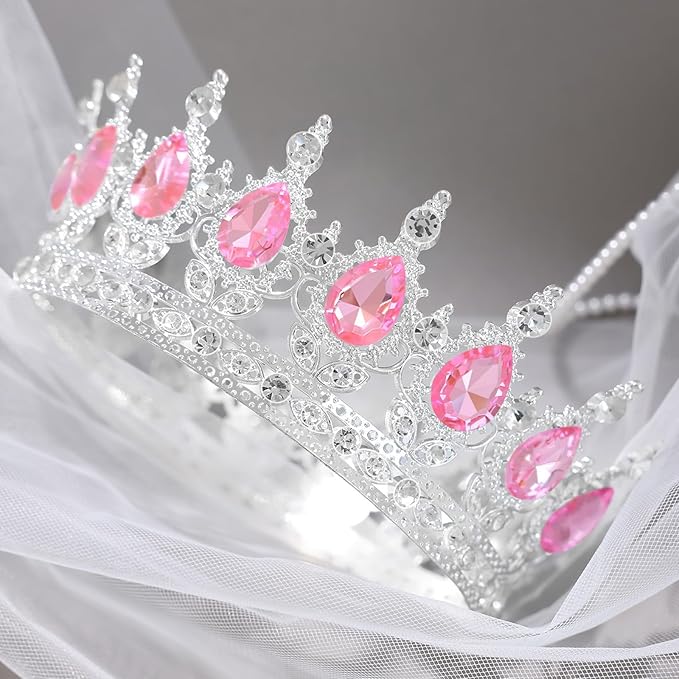 Pink Crown for Women Crystal Tiara and Queen Crown for Girl Wedding Headband for Bride Hair Accessories for Costume Birthday Party Cake Decoration Prom