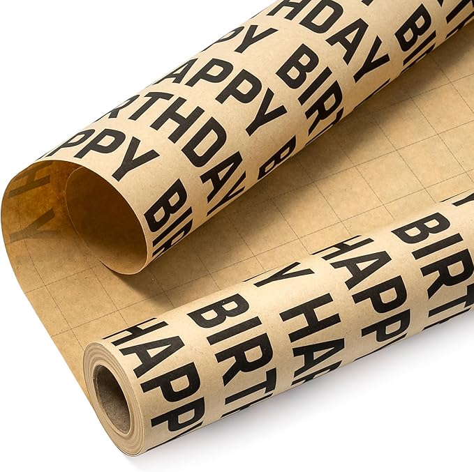 WRAPAHOLIC 30 Inch Jumbo Birthday Wrapping Paper Roll - 30 Inch x 33 Feet - Black Happy Birthday Wrapping Paper for Men Women Party Celebration