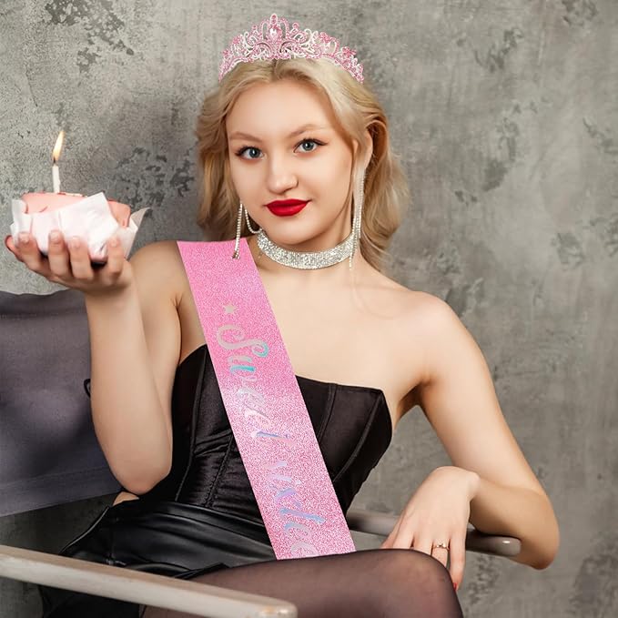 Sweet 16 Birthday Crown and Sash for Girls, Sweet 16th Sashes and Tiara Set, 16th Birthday Party Decorations for Women, Pink Accessories Gifts for Girls
