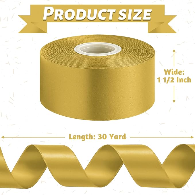 Fullive Champagne Gold Ribbon, 30 Yards Satin Ribbon 1 1/2 Inch, Polyester Satin Christmas Ribbon for Wedding Xmas Tree Graduate New Years Decorations DIY Bows Bouquet Gift Wrapping Christmas Favors