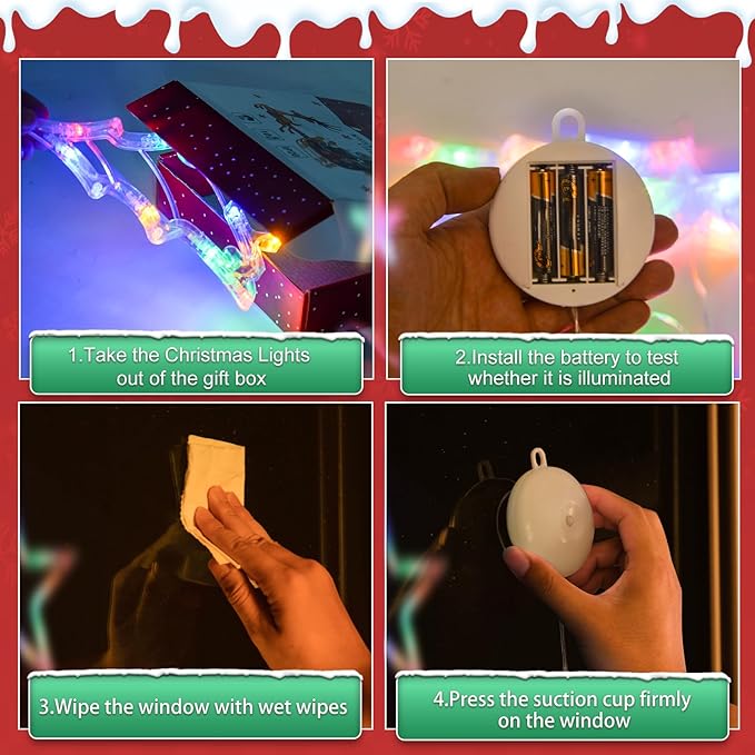 5Pack Christmas Window Lights Decorations with Timer,Battery Powered Christmas Hanging Multicolor Lighted Snowflake Tree Star Deer Bells Shaped LED Sucker for Xmas Fireplace Indoor Decor