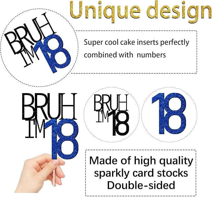 Bruh I'm 18 Cake Topper - Bro I'm 18, Happy Sweet 18 Ornament for Boys' 18th Birthday Party Supplies (blue 18)