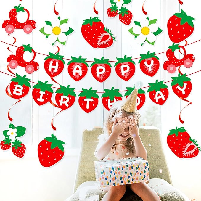 Strawberry Berry First Birthday Party-Decorations - 12pcs Baby Girl Happy Banner,1st Flowers Streamers Garland,Sweet One Swirl,Red Home Wall Backdrop Decor Supplies Burgleda