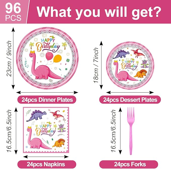 96 PCS Pink Dinosaur Party Supplies, Dinosaur Birthday Party Tableware Set for Girls Pink Dino Plates Napkins Forks for 24 Guests