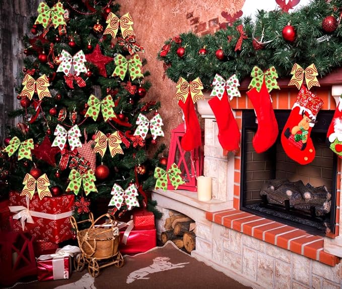 SIMISI RIBBON Christmas Tree Bows Wreaths Graland Xmas Party Decorations Red Green Polka Dot Ornaments (6 * 6 Inches, 12 Pcs)