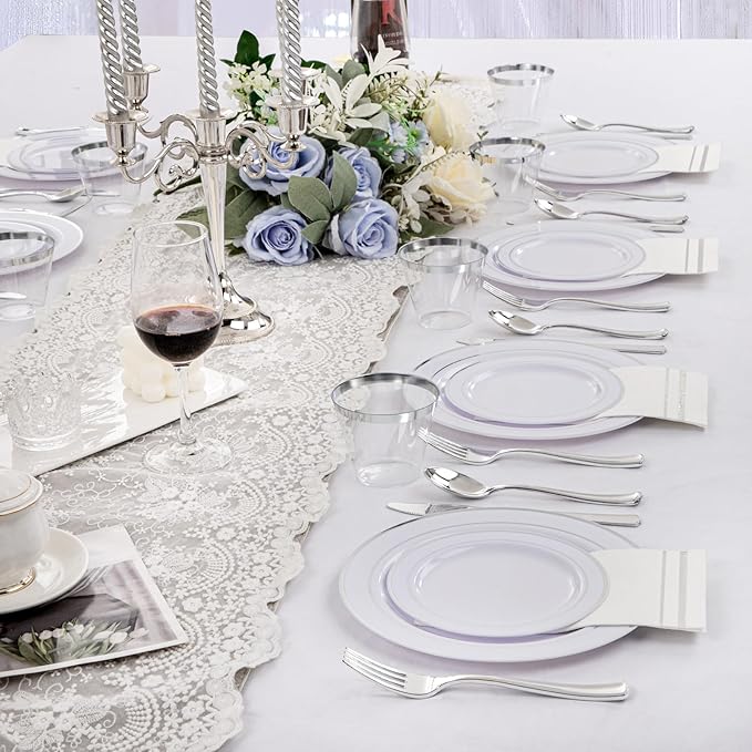 GATHER 350PCS Silver Plastic Plates - White and Silver Disposable Plates for 50 Guests Includes 50 Dinner Plates 50 Dessert Plate 50 Napkins 150 Silvery Cutlery and 50 Cups for Wedding & Party