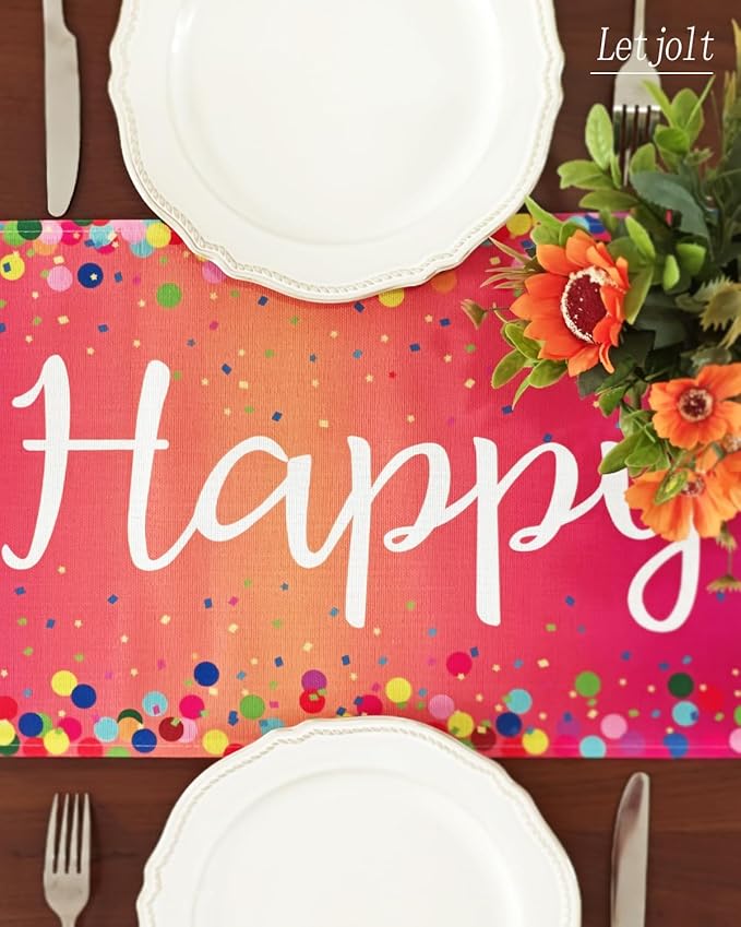 Letjolt Happy Birthday Table Runner 72 Inches Birthday Centerpieces for Tables Birth Day Party Sign Polka Dots Table Decoration, Rainbow