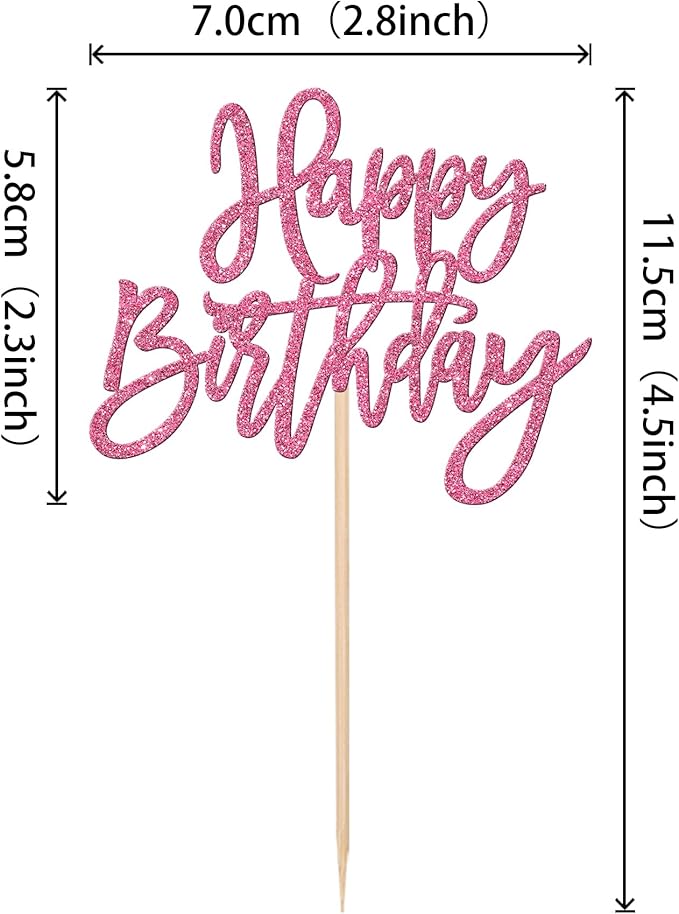 24 PCS Glitter Cupcake Toppers - Happy Birthday & Anniversary Picks - Pink
