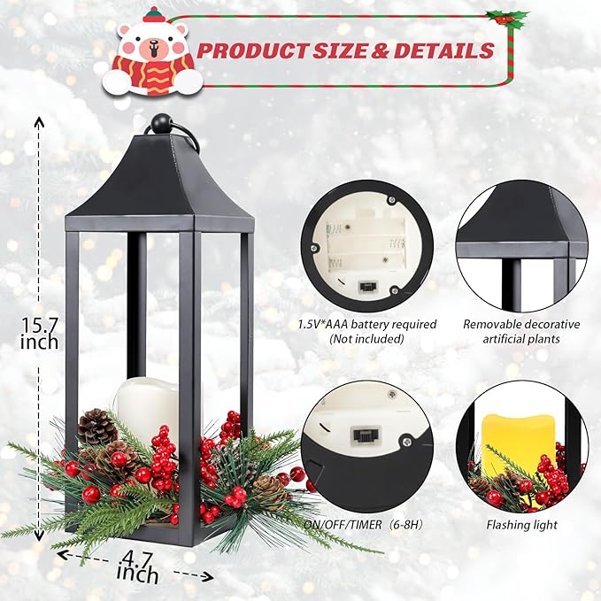 Christmas Lanterns Decorative Indoor, 2 Pack Christmas Lantern Outdoor, 16 Inch Decorative Candle Lanterns Flameless Light with Pine Cones and Berries for Table Centerpieces,Home, Porch Decor