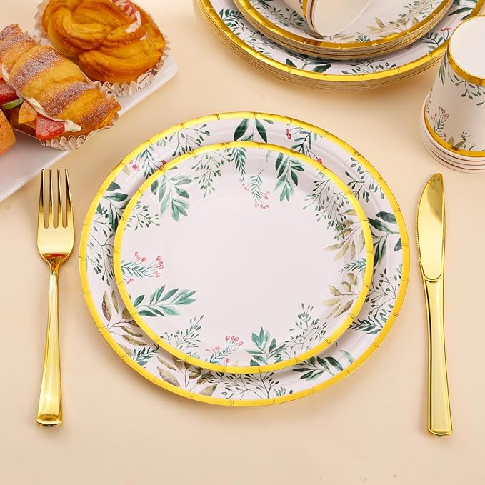 Sage Green Party Plates and Cups and Napkins Sets,Green Paper Plates Party Supplies Include Green Plates Napkin Cup Plastic Spoon Fork Knive for Baby Shower,Engagement Party Decorations,Serves 24