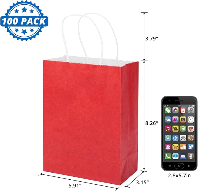 100 Pack 5.9x3.15x8.26 inch Small Gift Bags, Kraft Red Bags with Handles Bulk for Birthday Party Favors,Gift Paper Bags,Retail Shopping Business Goody Craft Gift Bags
