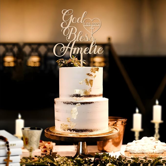 Personalized God Bless Cake Topper in Wood - Custom Baptism Cake Topper for Girl or Boy (Style-3)