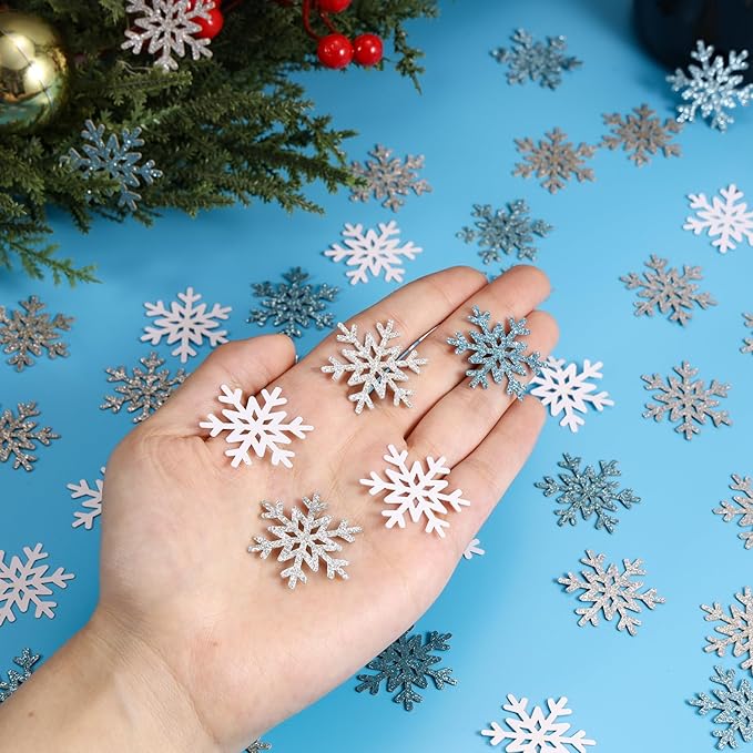 VHUWE Winter Snow Confetti, 200 Pcs Glitter Silver Light Blue White Snowflakes Confetti for Birthday Baby Shower Holiday Party Christmas Table Centerpiece New Years Eve Decorations Supplies - Paper
