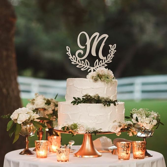 LINGTEER Personalized Inital Letter M Wooden Cake Topper Perfect for Birthday Rustic Wedding Anniversary Party Keepsake Decoration