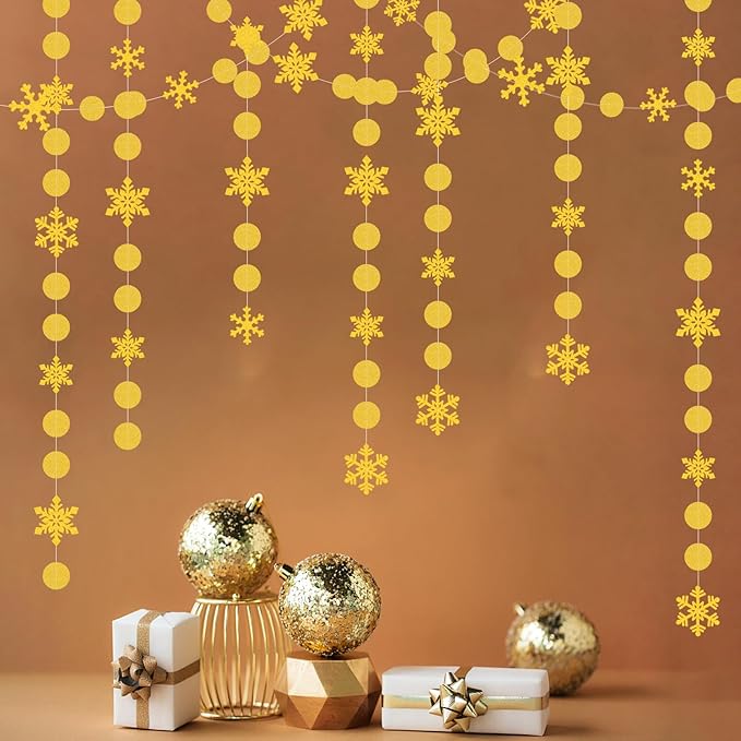 Snowflake-Snow Gold Christmas Party-Decoration Garland - 52Ft Winter Wonderland Frozen Hanging Paper Streamers,Birthday New Year Supplies Decor Lasting Surprise