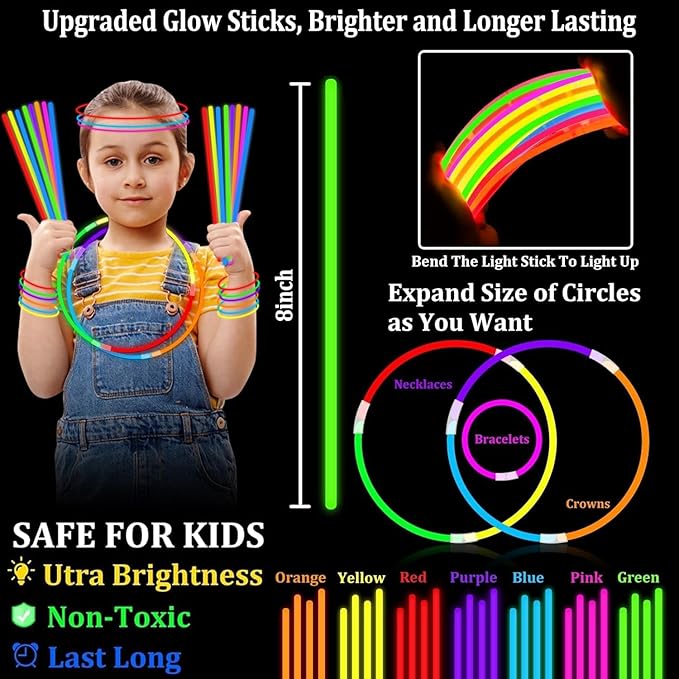TURNMEON 500 Pack Ultra Bright Halloween Glow Sticks Bulk Party Pack Halloween Glow In The Dark Halloween Party Supplies Favors Glow Sticks Necklaces Bracelets with Connectors 8" Glow stick Light Up