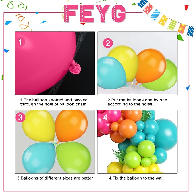 120 Pcs Summer Tropical Balloon Arch Kit, Hot Pink Green Orange lime Green Teal Blue Yellow Latex Rainbow Balloon Garland Kit for Hawaiian Luau Aloha Birthday Baby Shower Pool Party Decorations