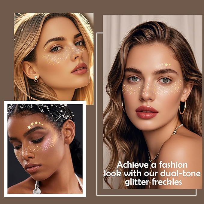 20 Pcs Gold and Silver Face Makeup Patches, Gold and Silver Glitter Freckles Face Tattoos, Sparkle Makeup Patches, Waterproof Face Temporary Tattoos for Women