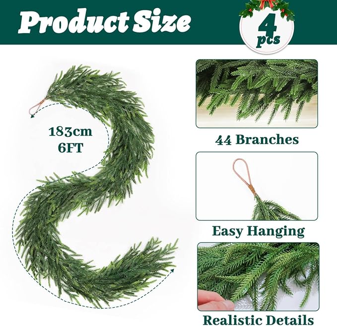 4Pcs Christmas Norfolk Pine Garland, 6FT Real Touch Faux Green Garlands, Winter Artificial Greenery Garland for Mantle, Table, Stairs, Fireplace, Indoor & Outdoor Xmas Decorations