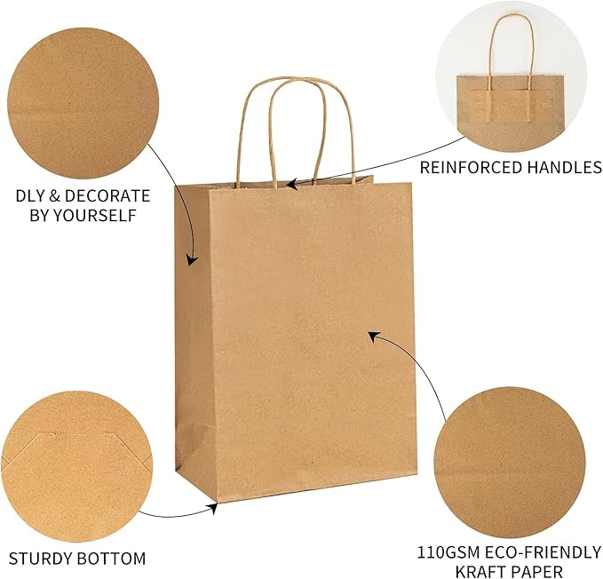 JET PAPER BAGS 100 Pack 5x3x8.25 Inch Small Paper Gift Bags with Handles Bulk, Brown Kraft Paper Bags for Grocery Shopping Retail Bags, Birthday Party Favors Wedding Bags
