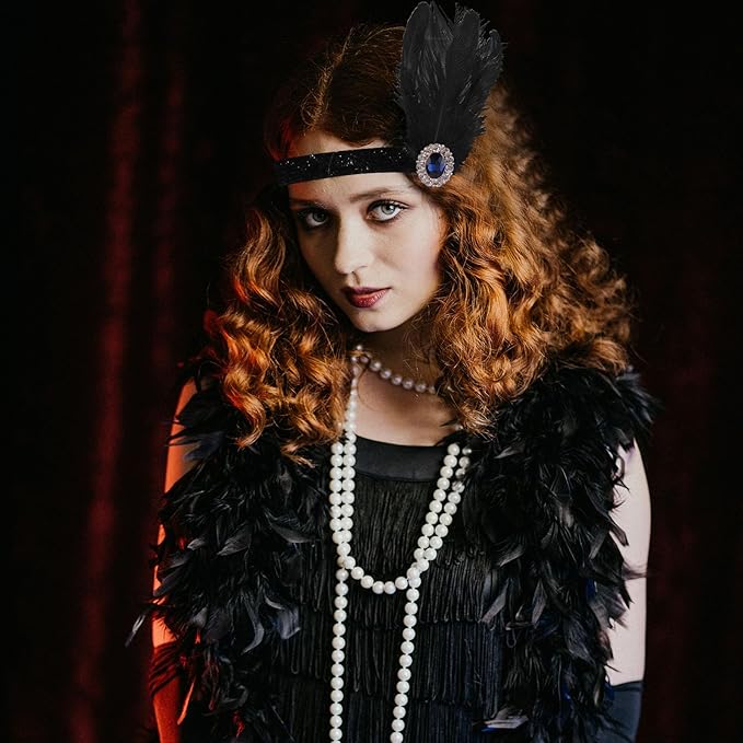 FEPITO 8-Piece 1920s Flapper Great Gatsby Accessories Set - Fashion Roaring 20's Theme with Headband, Headpiece, Long Black Gloves, Necklace, Earrings for Women