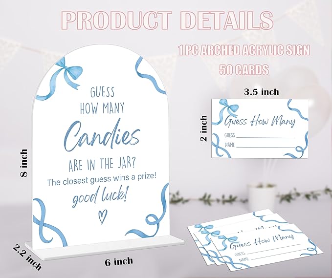 Baby Shower Games - Blue Bow Guess How Many Candies Are in the Jar Game, 1 Arch Acrylic Sign and 50 Guessing Cards, Gender Reveal Game, Blue Baby Shower Decoration Supplies (DT02)
