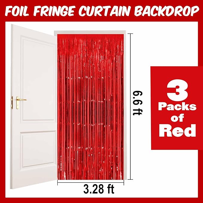 3 Pack Red Foil Fringe Curtains Backdrop, 3.28 x 6.6 Ft Metallic Streamers Tinsel Curtains Background for Photo Booth, Birthday, Halloween, Christmas, Thanksgiving, New Year Party Decorations